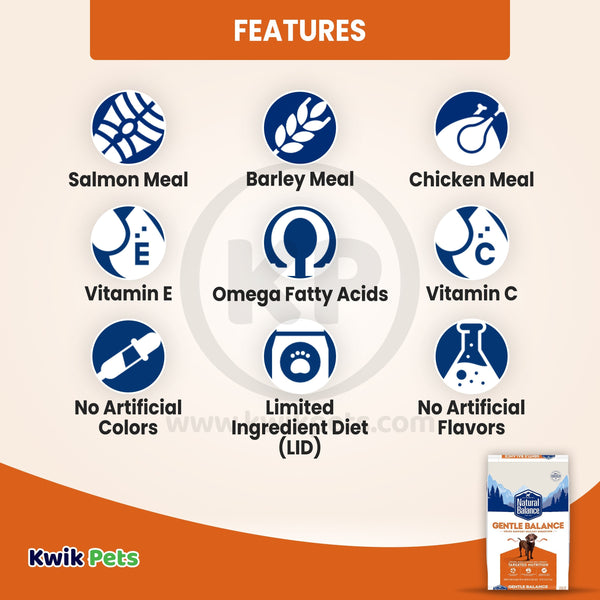 Features of Natural Balance Pet Foods Gentle Balance Adult Dry Dog Food Chicken Barley & Salmon Meal 26-lb