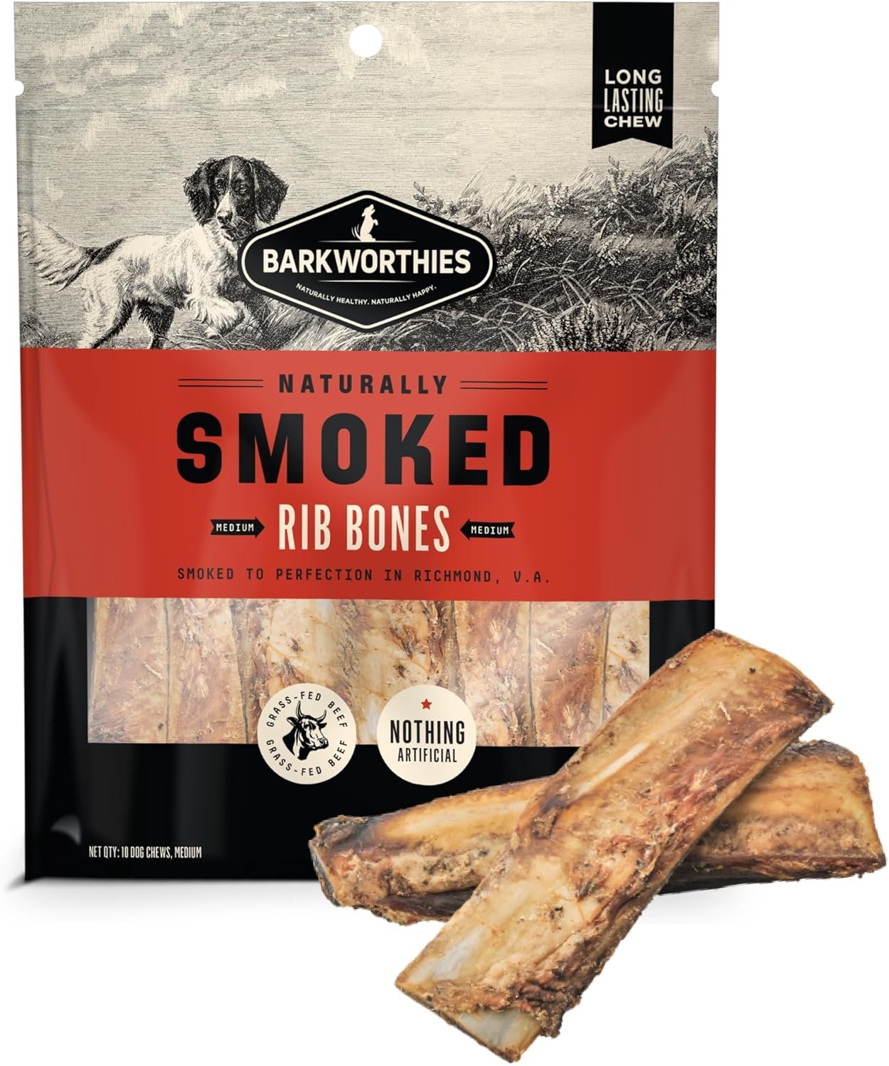 Barkworthies Naturally Smoked Rib Bones Dog Treats Medium 10 Count