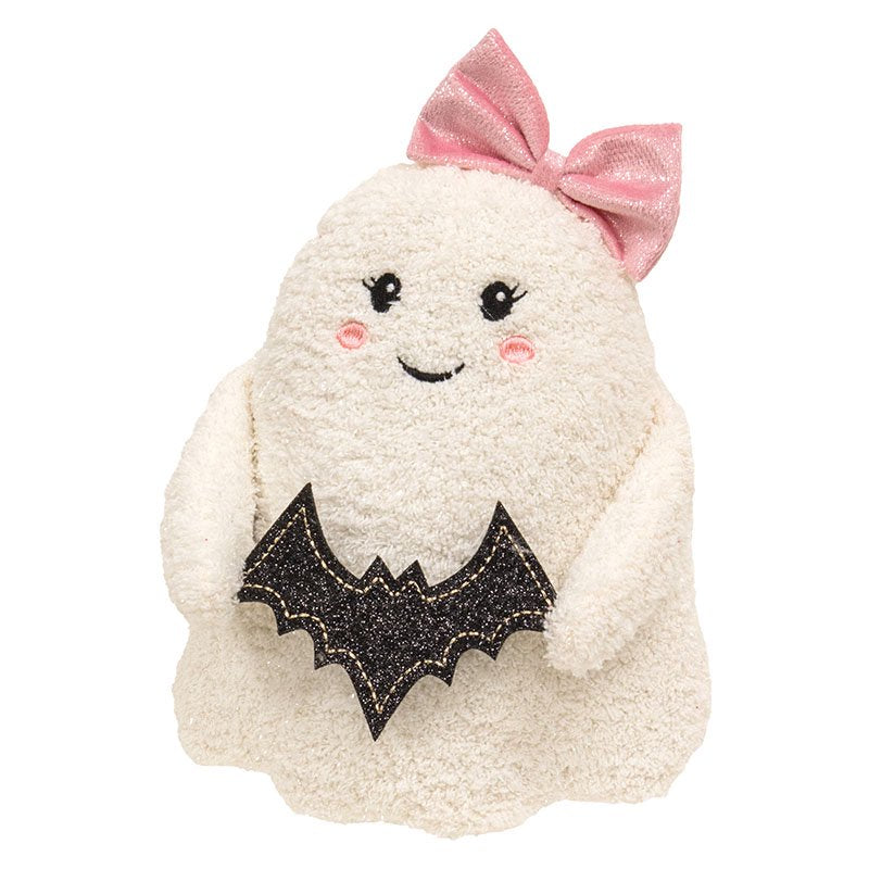 Bright Ideas Plush Pink Bow Sitting Ghost with Bat Halloween Decor