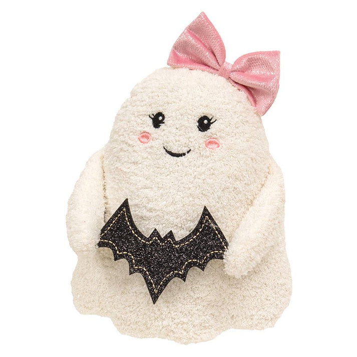 Bright Ideas Plush Pink Bow Sitting Ghost with Bat Halloween Decor