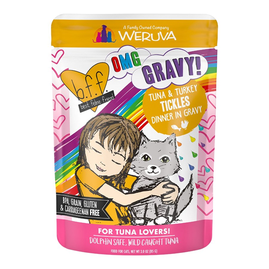 Weruva B.F.F. OMG Tuna & Turkey Tickles Dinner in Gravy Wet Cat Food Pouches 3-oz, Kwik Pets