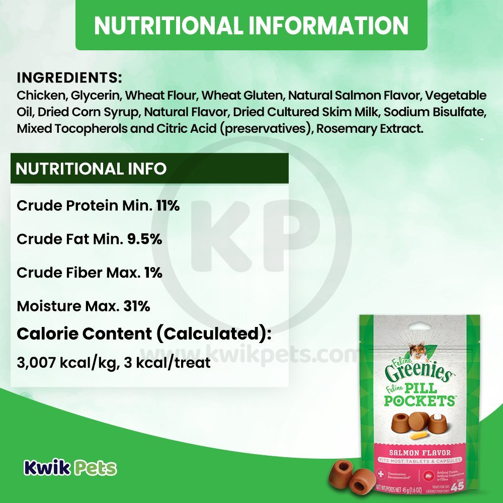 Nutritional Information - Greenies Feline Pill Pockets Cat Treats Salmon 1.6-oz 45 Count