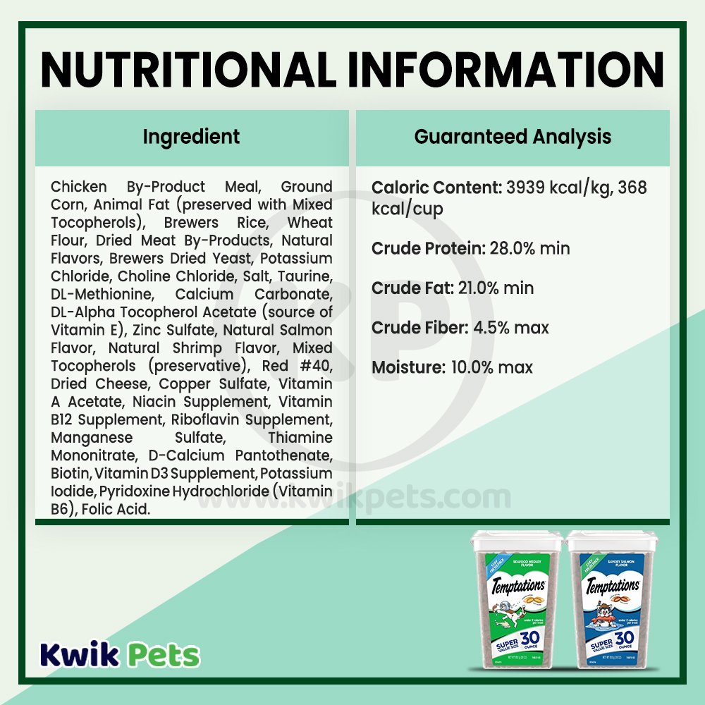 Nutritional Information - Temptations Classics Crunchy & Soft Adult Cat Treats Savory Salmon 30-oz
