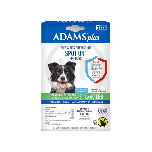Adams Plus Flea & Tick Prevention Spot On for Dogs 3 Month Supply, Clear, For Large Dogs 31 To 60 lb, Adams