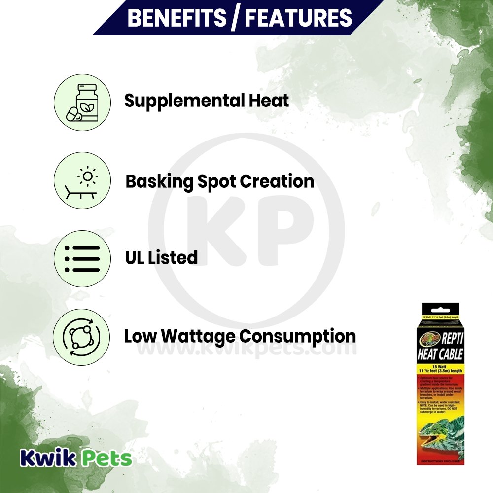Zoo Med Repti Heat Cable 11.5 feet 15W, Kwik Pets