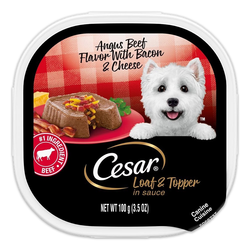 Cesar Loaf & Topper in Sauce Adult Wet Dog Food Angus Beef w/Bacon & Cheese 3.5-oz, Kwik Pets
