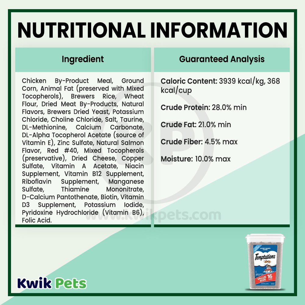Nutritional Information - Temptations Classics Crunchy & Soft Adult Cat Treats Savory Salmon 16-oz