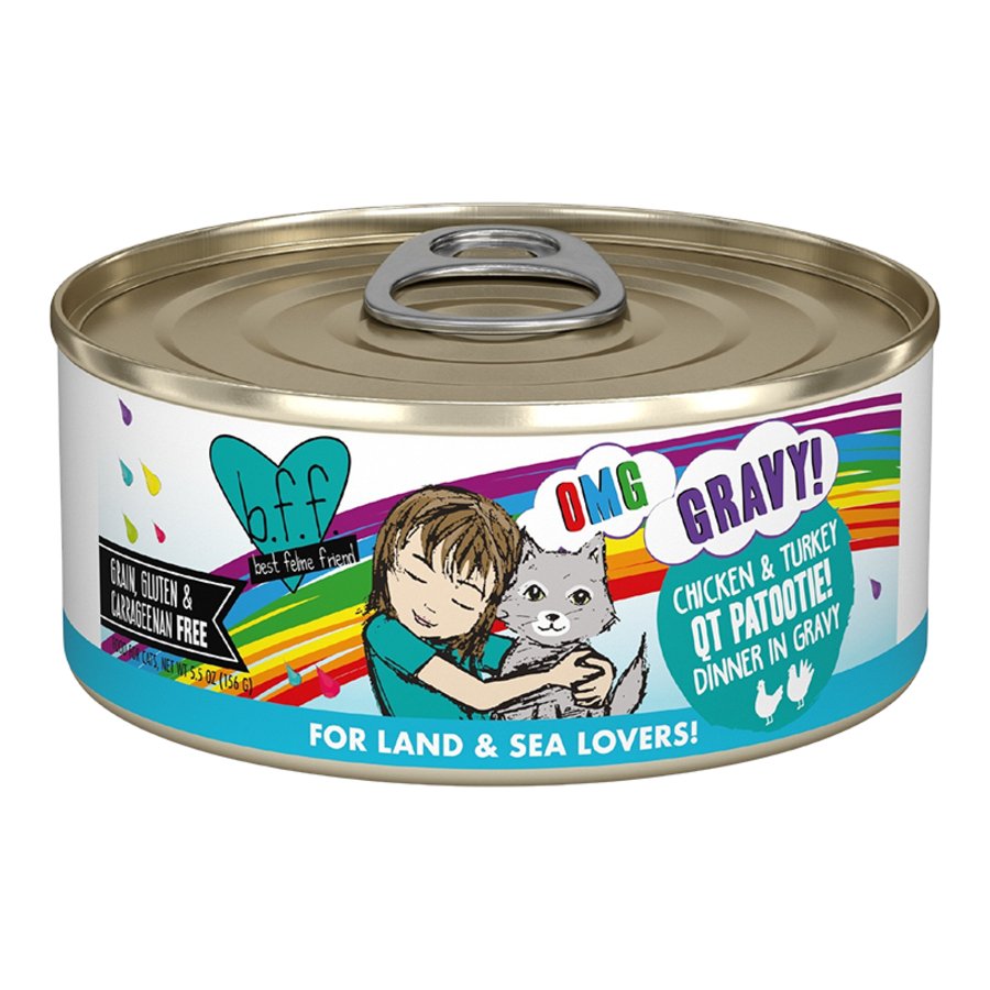 Weruva B.F.F. OMG Chicken & Turkey QT Patootie! Dinner in Gravy Wet Cat Food 5.5-oz, Kwik Pets