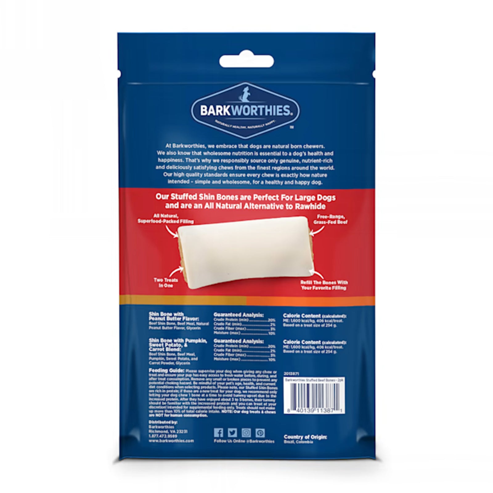 Back of Barkworthies Dog stuffed shin bone peanut butter large 10 count