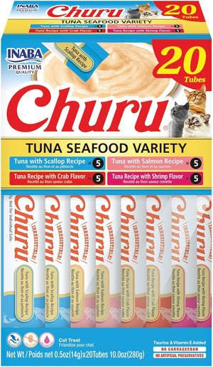 Inaba Churu Creamy Purée Tuna Seafood Variety Pack Lickable Cat Treats 0.5-oz Tubes 20 Count, Kwik Pets