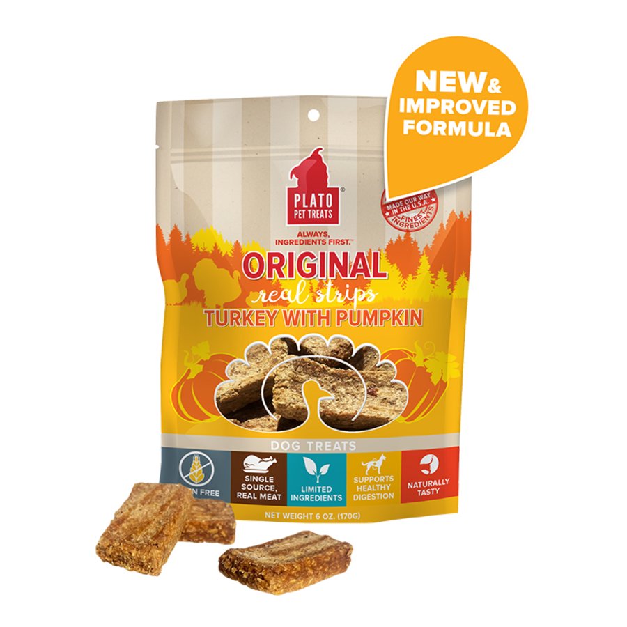 Plato Original Real Strips Grain Free Turkey with Pumpkin Dog Treats 6-oz, Kwik Pets