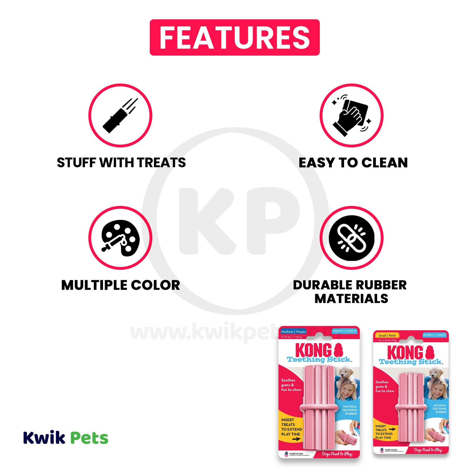 Features of KONG Teething Stick Puppy Toy Assorted Medium