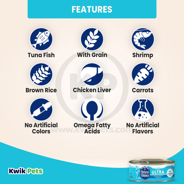 Features of Natural Balance Original Ultra Indoor Canned Wet Cat Food Tuna & Shrimp 5.5-oz