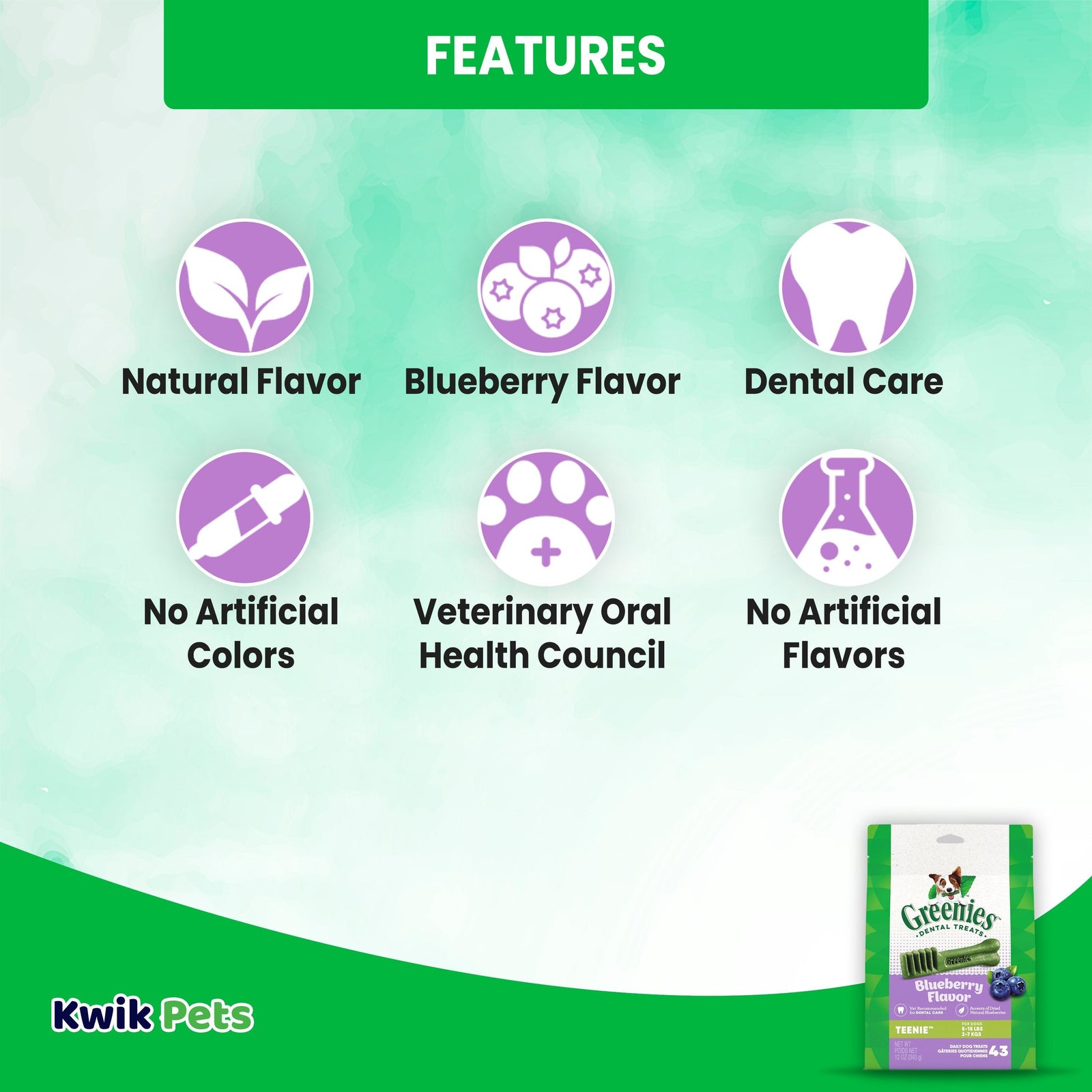 Features of Greenies Blueberry Dog Dental Treats Teenie 12-oz 43 Count