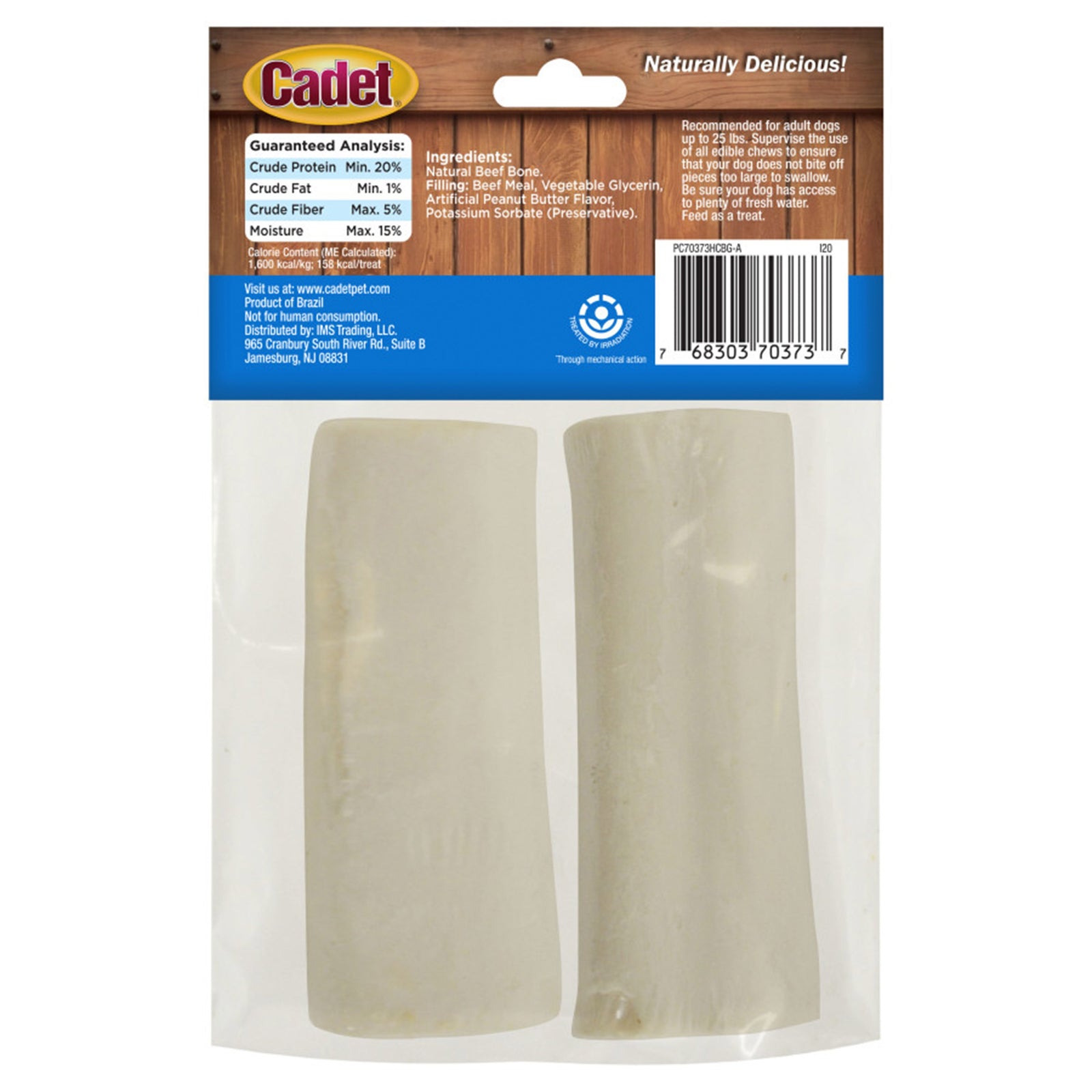 Back of Cadet Junior Stuffed Shin Bones Dog Chews Made with Peanut Butter Mini 2-ct 6.9-oz