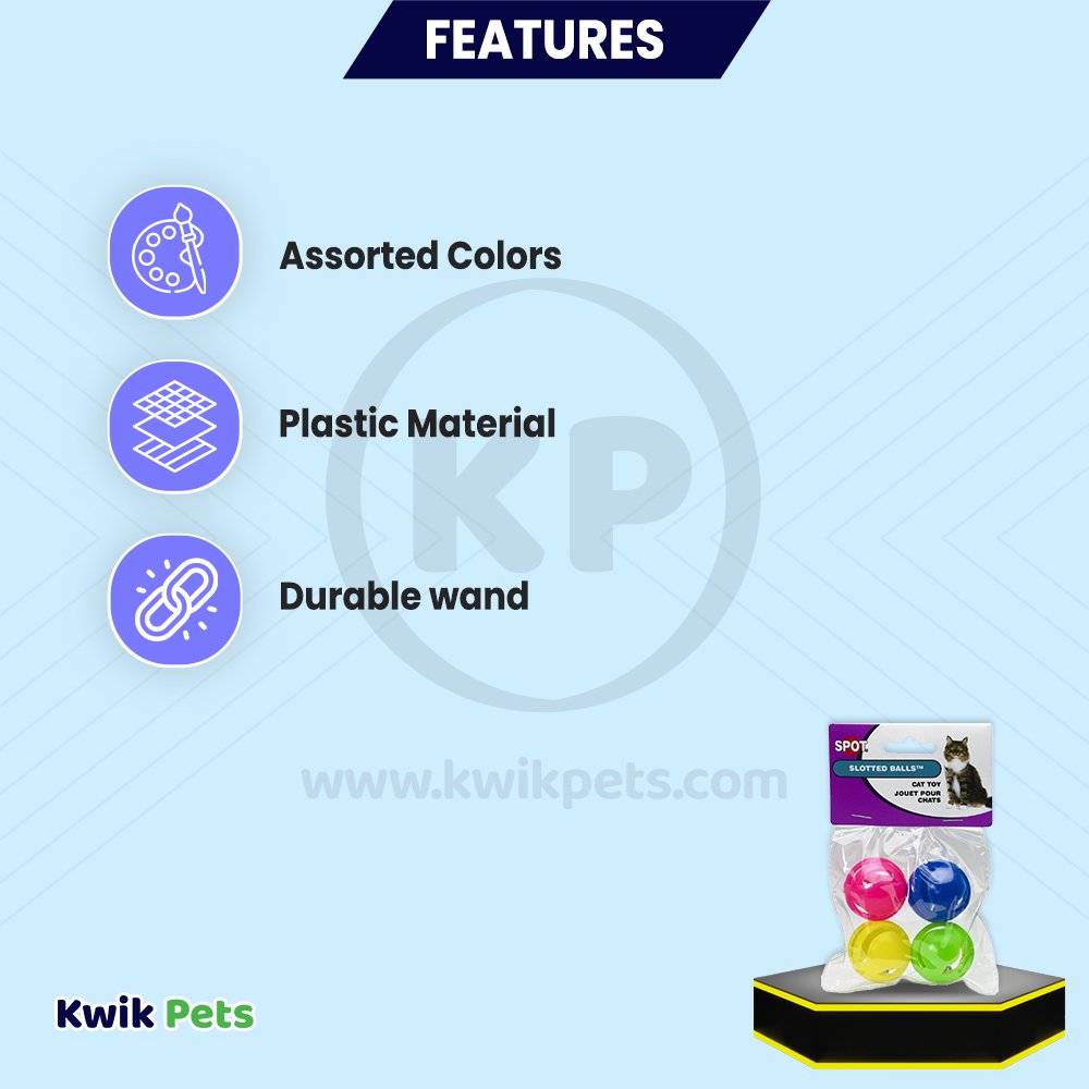 Features of Ethical Pet Spot Slotted Balls Cat Toy Multicolor 4 Count