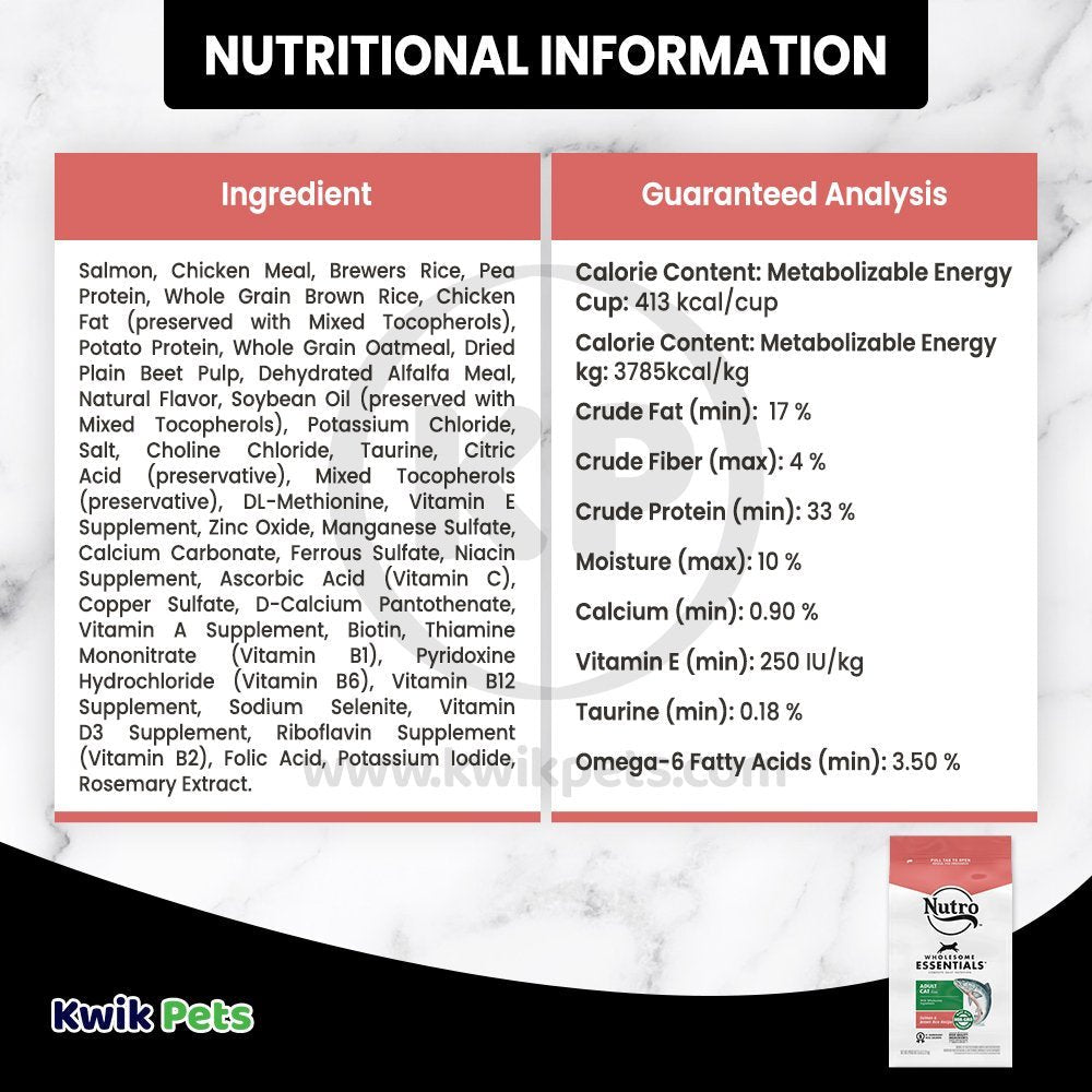 Nutritional Information - Nutro Salmon & Brown Rice Adult Dry Cat Food 3-lb