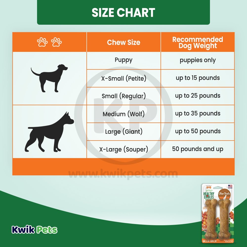 Size chart of Nylabone Healthy Edibles All-Natural Long Lasting Chew Treats Bacon Medium/Wolf - Up To 35 lbs 2 Count