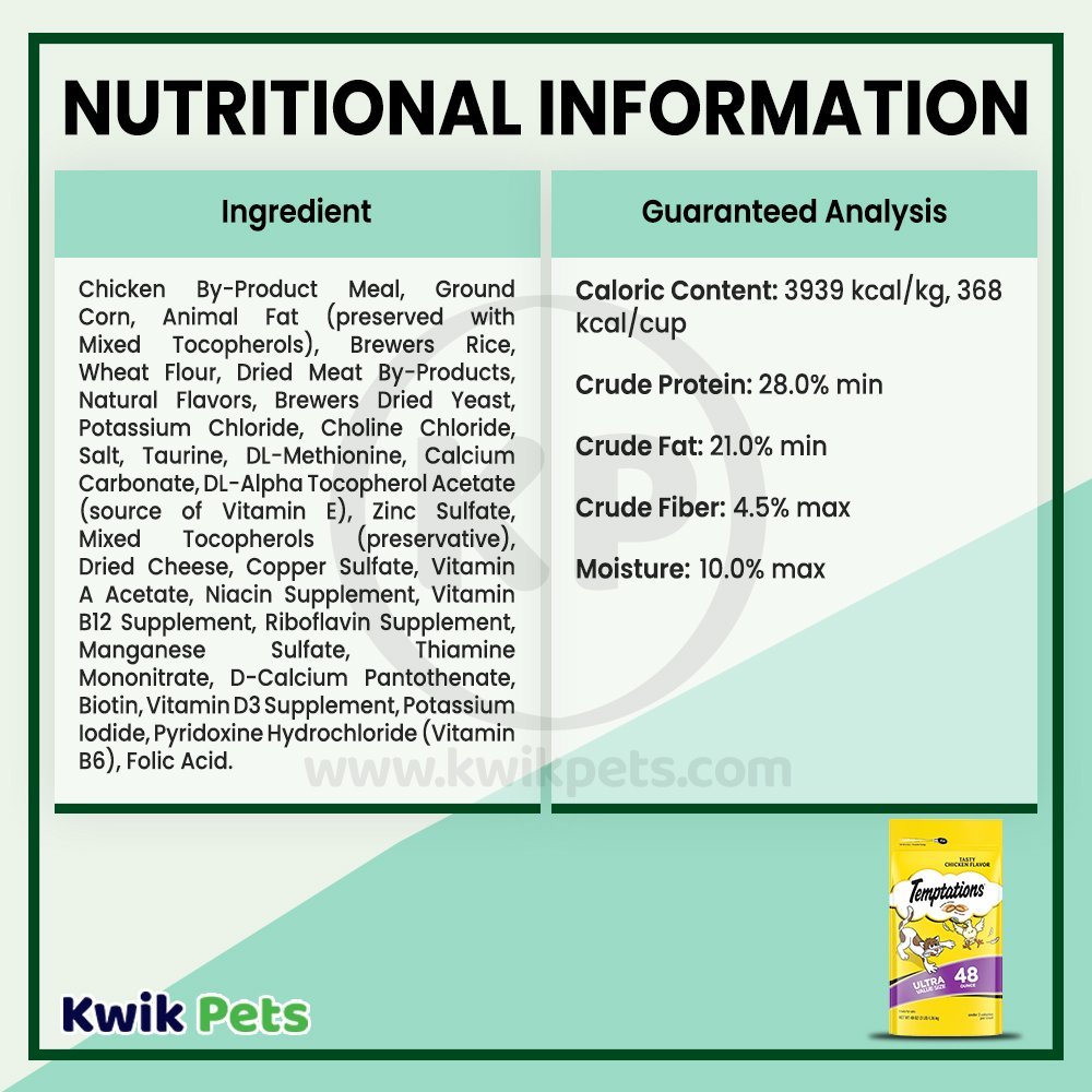 Nutritional Information - Temptations Classics Crunchy & Soft Adult Cat Treats Tasty Chicken 48-oz