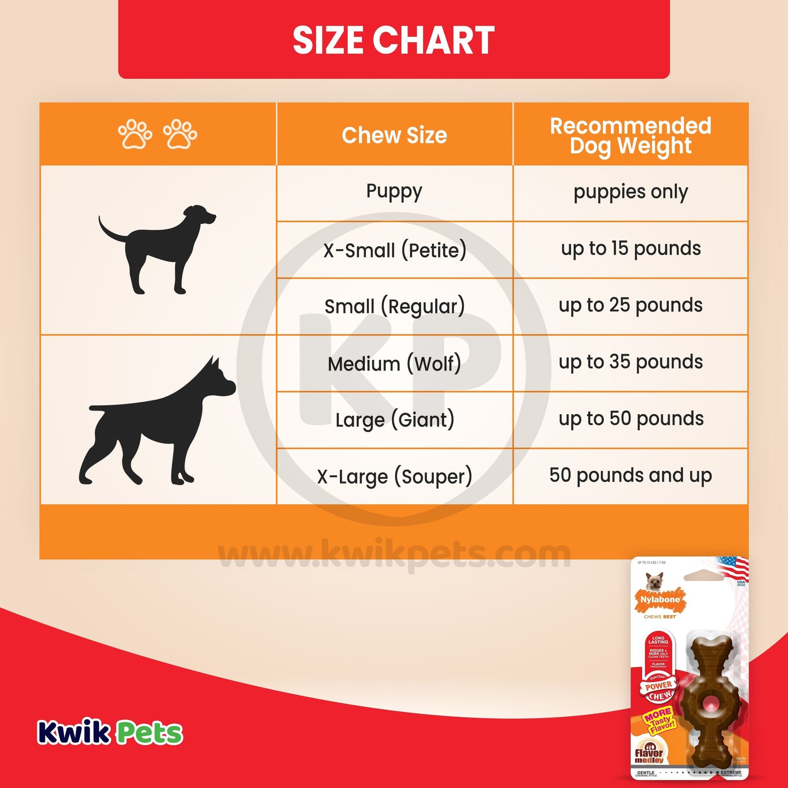 Size chart of Nylabone Power Chew Ring Bone Dog Toy Medley Flavor XS/Petite - Up To 15 lbs