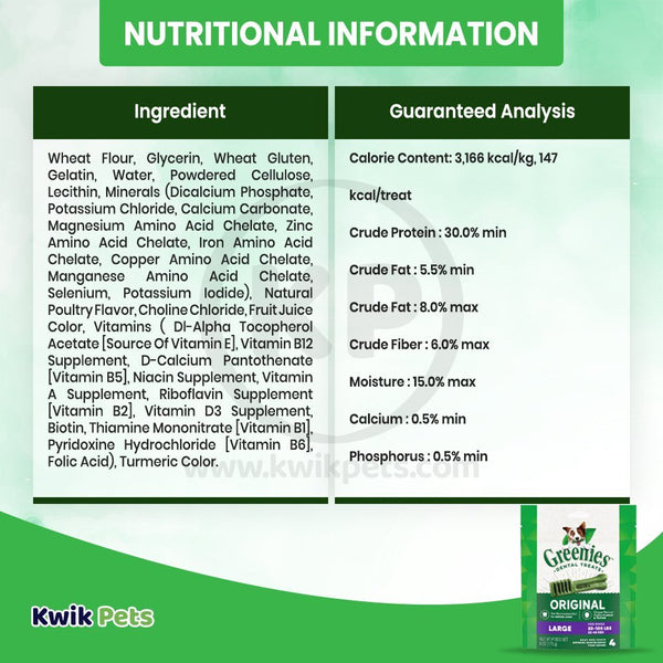 Information about Greenies Original Dog Dental Treats Large 6-oz 4 Count