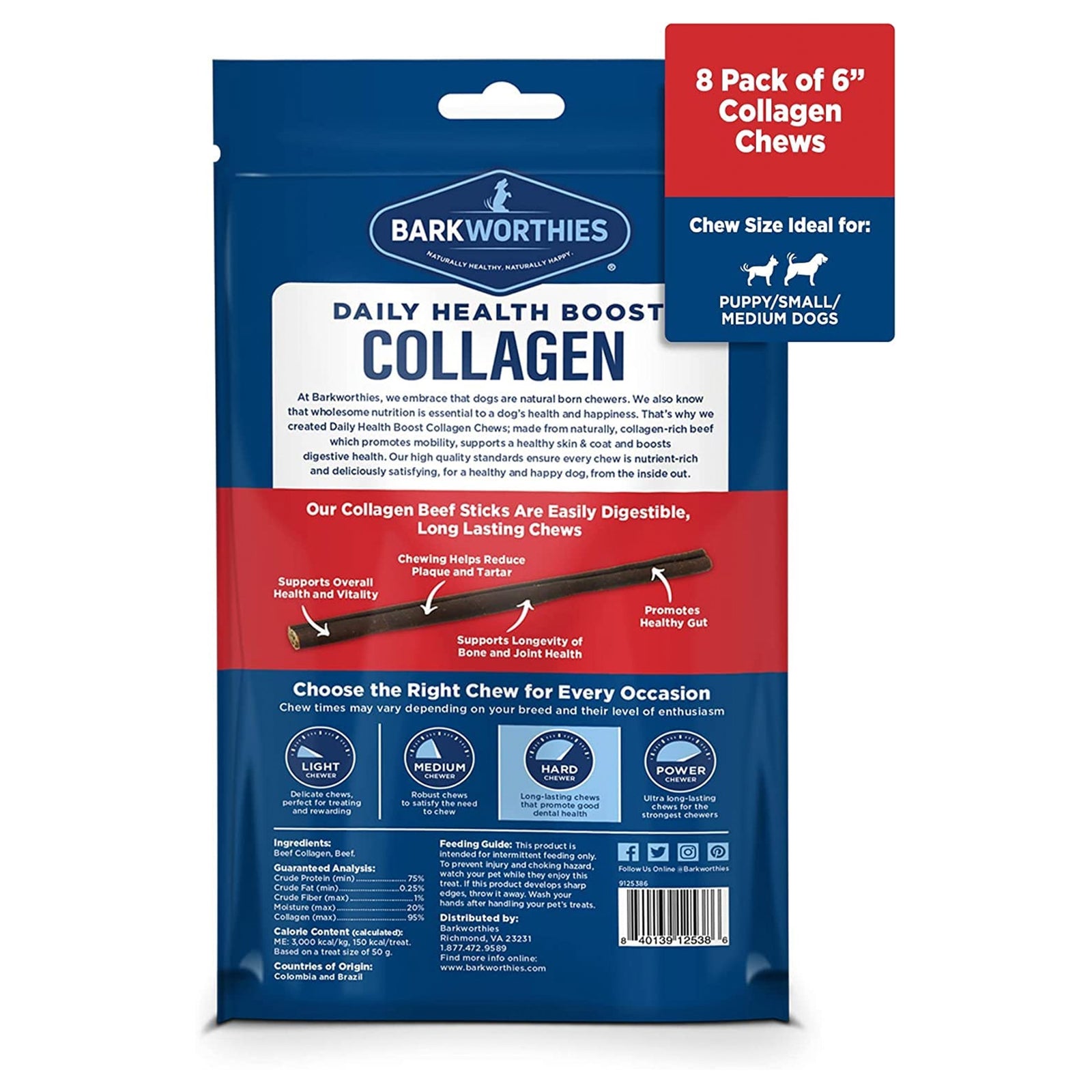 Back of Barkworthies 6" Plain Collagen Beef Stick Dog Chews 8 Count