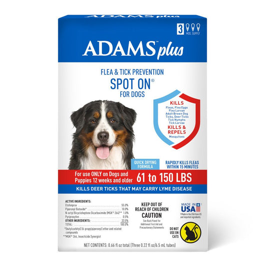Adams Plus Flea & Tick Prevention Spot On for Dogs 3 Month Supply, Clear, XL Dogs 61 To 150 lb, Adams