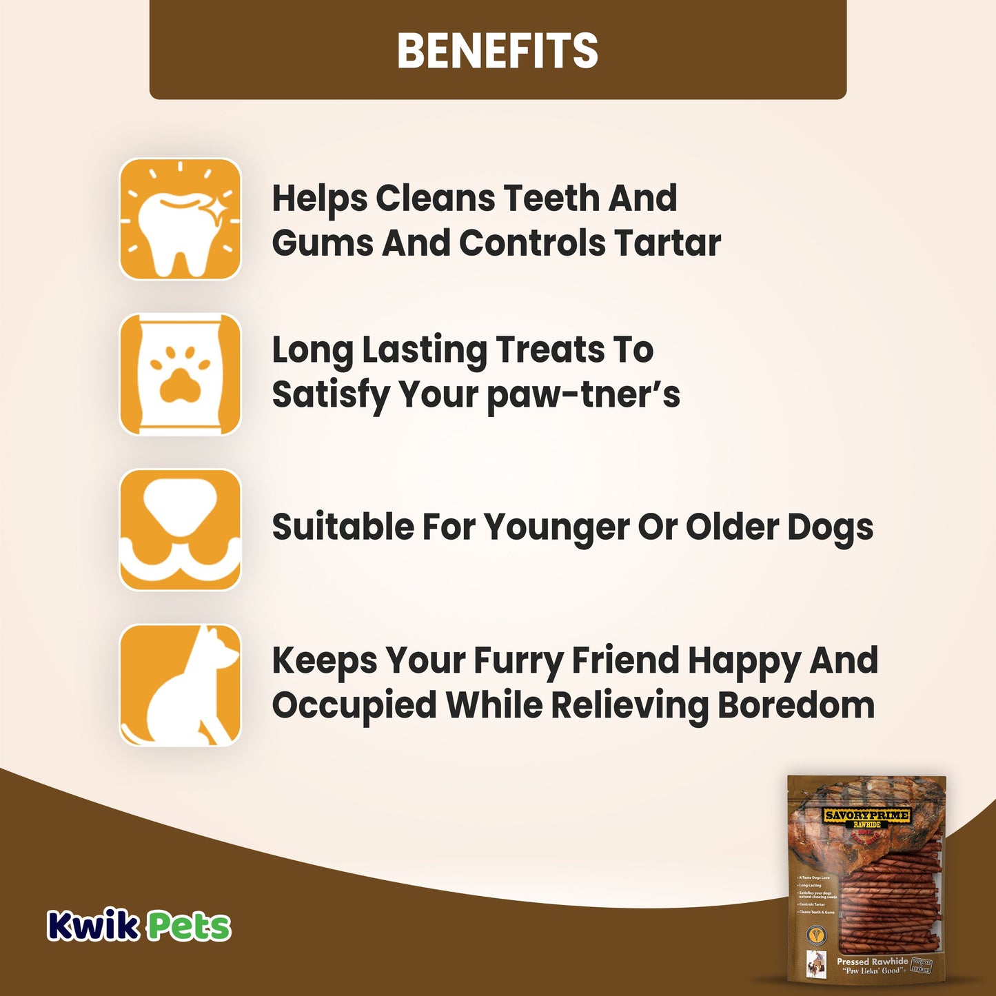 Savory Prime Pressed Rawhide Twist Sticks Beef 5-in 100 Count, Kwik Pets