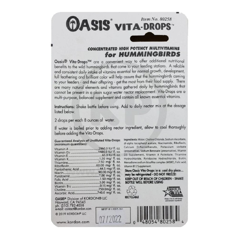 Back of Oasis Vita Drops Multivitamin Supplement for Hummingbirds 2-oz