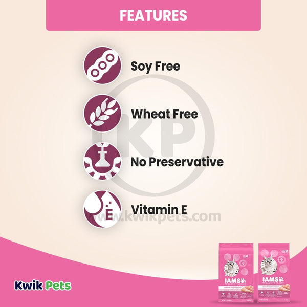 Features of IAMS Proactive Health sensitive Digestion & Skin Adult Dry Cat Food Turkey 13-lb