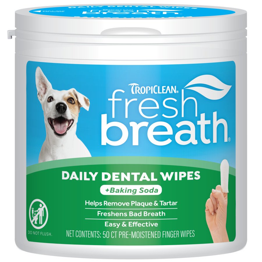TropiClean Fresh Breath Finger Dental Wipes for Dogs 50 Count, Kwik Pets