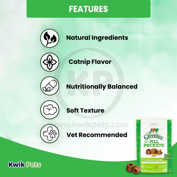 Features - Greenies Feline Pill Pockets Cat Treats Catnip 1.6-oz 45 Count