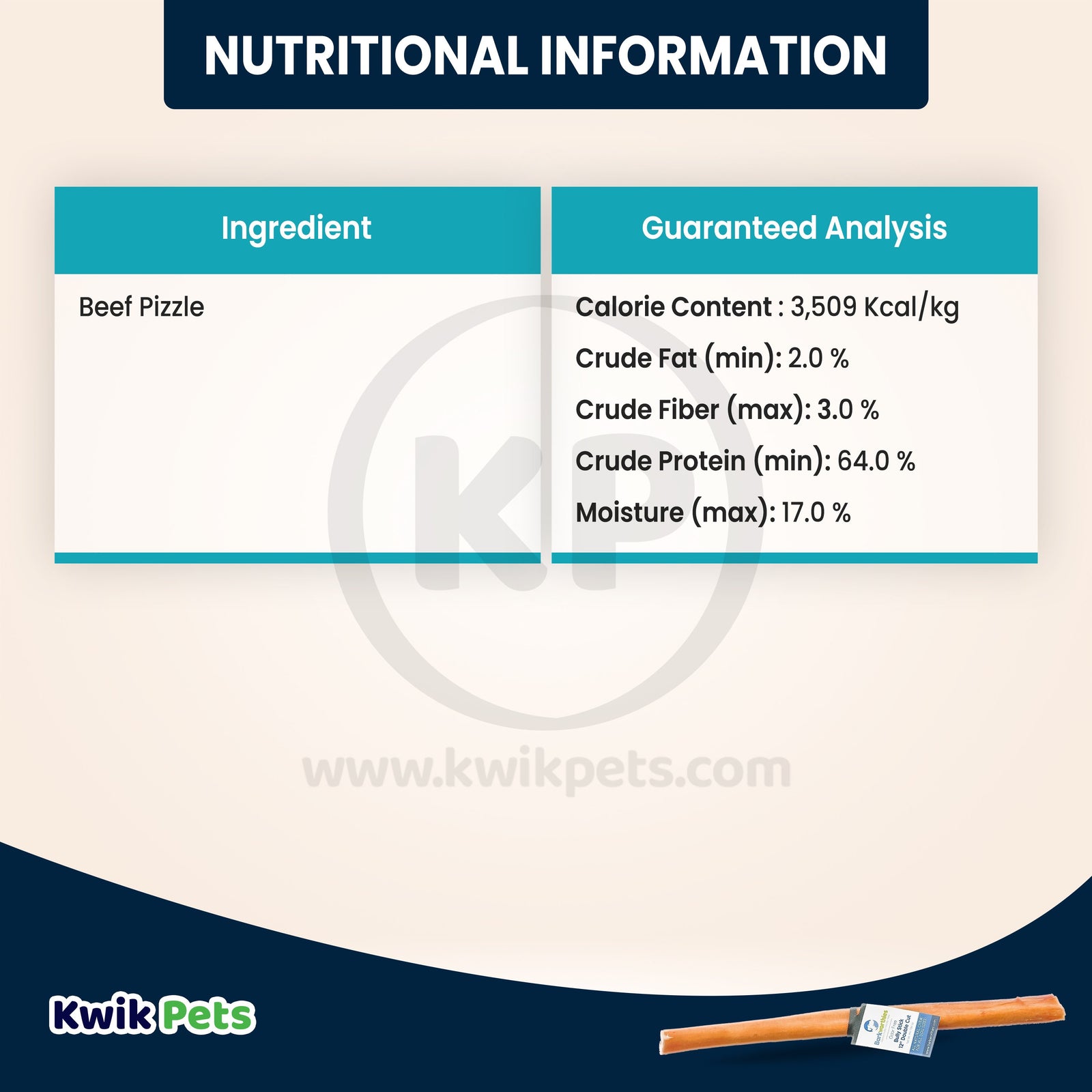 Nutritional Information of Barkworthies 12" Odor Free Double Cut Bully Stick