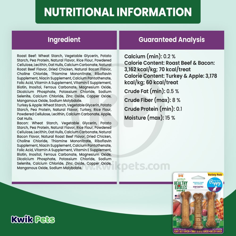 Information about Nylabone Healthy Edibles Puppy Natural Long Lasting Variety Dog Chew Treats Roast Beef, Turkey & Apple, Bacon XS/Petite - Up To 15 lbs 3 Count