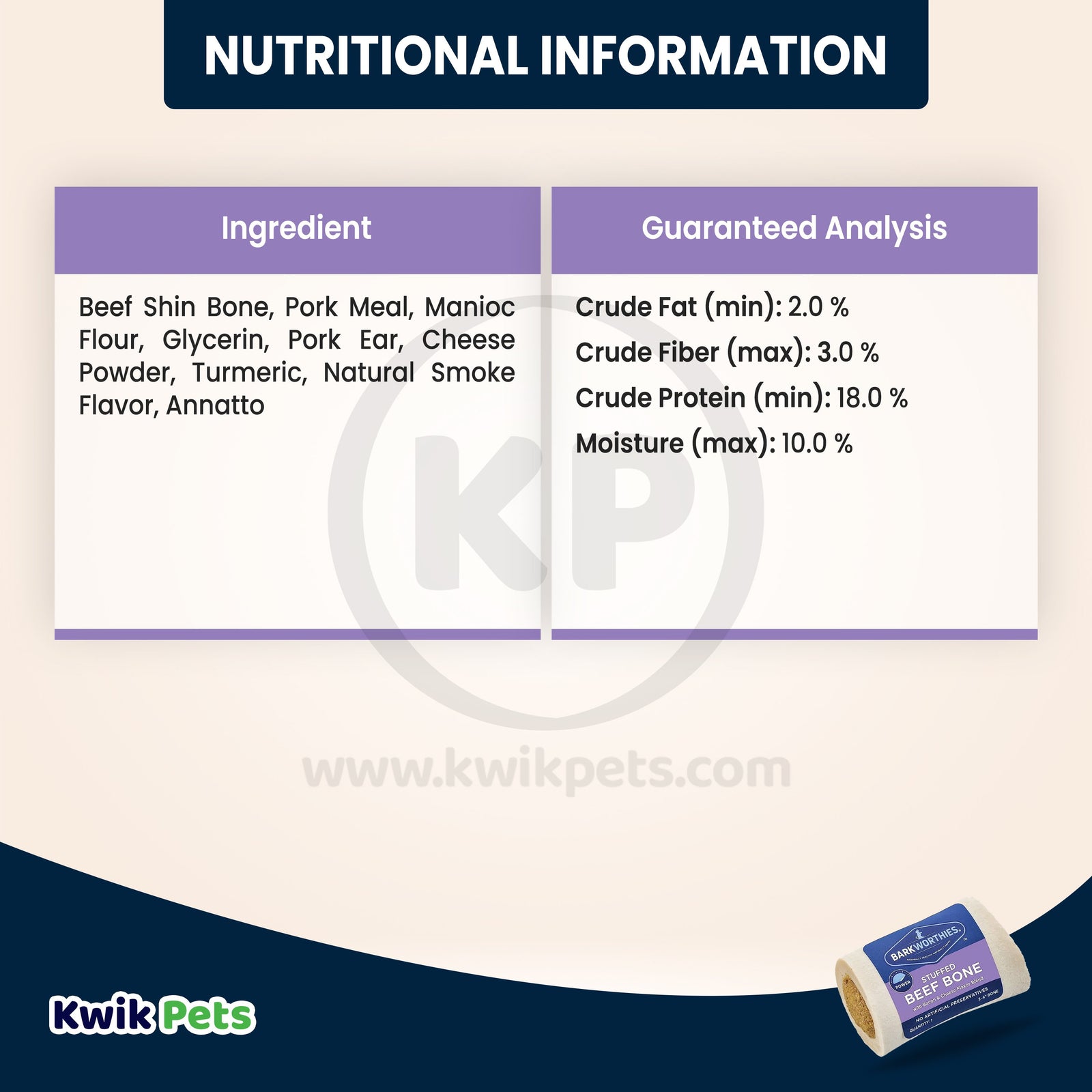 Nutritional Information of Barkworthies 3-4" Stuffed Beef Bone with Bacon & Cheese Dog Chews