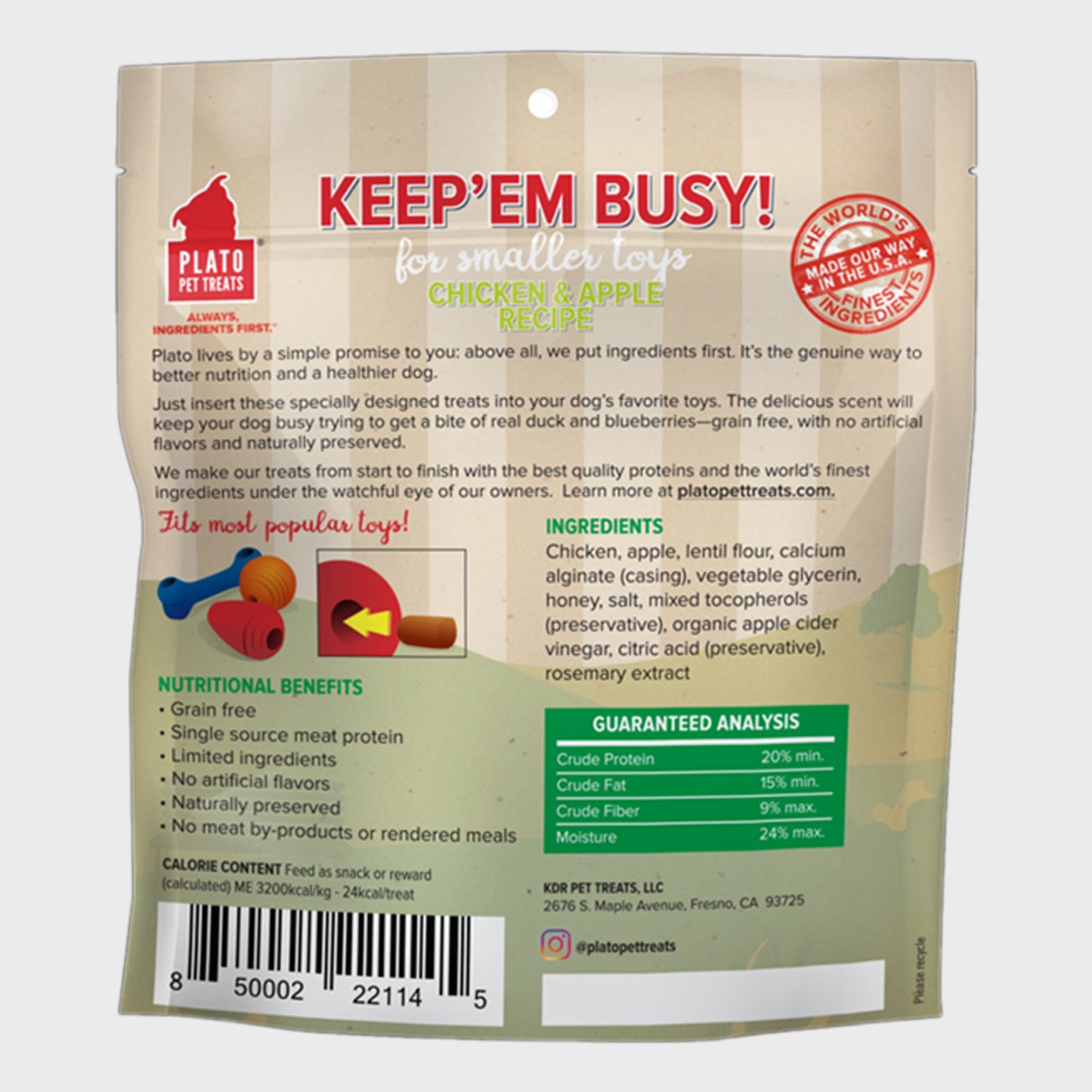 Plato Keep 'Em Busy Chicken & Apple Dog Treats Small 5-oz, Plato