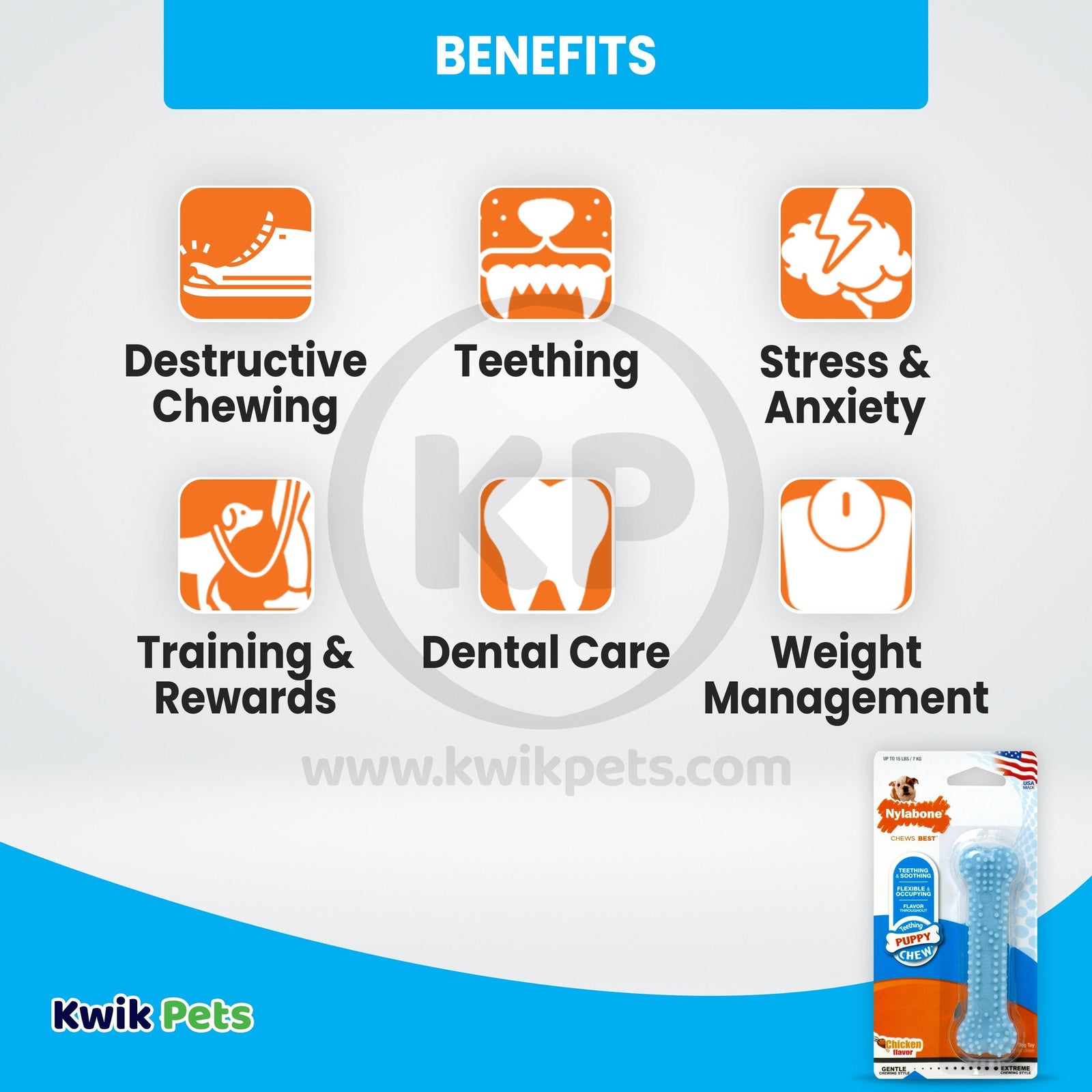 Benefits of Nylabone Puppy Teething & Soothing Flexible Chew Toy Chicken Flavor Blue XS/Petite - Up To 15 lbs