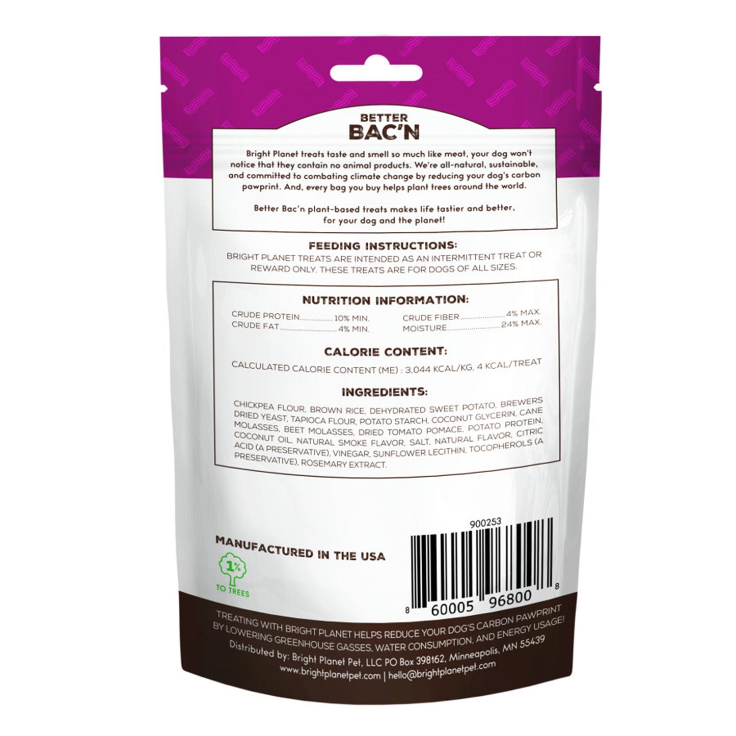 Back side of Bright Planet Better Bac'n Plant-Based Dog Treats 6-oz