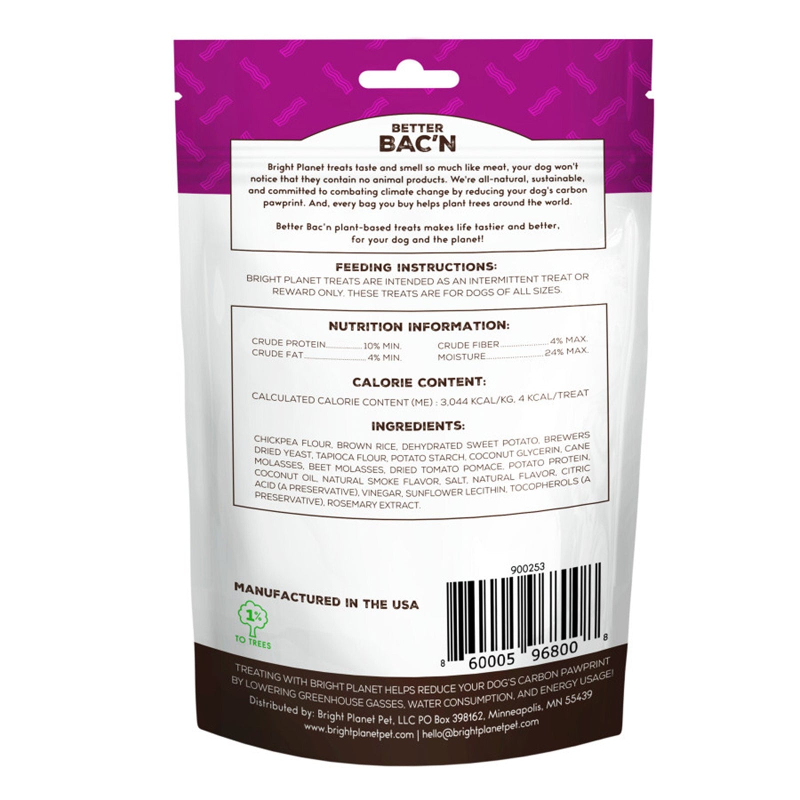 Back side of Bright Planet Better Bac'n Plant-Based Dog Treats 6-oz