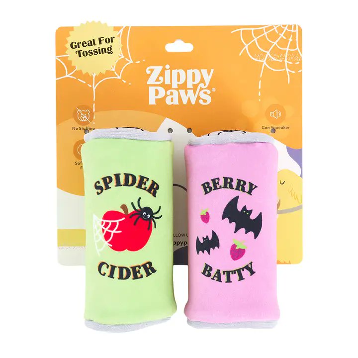 ZippyPaws Halloween Squeakie Can Berry Batty and Spider Cider Plush Dog Toy