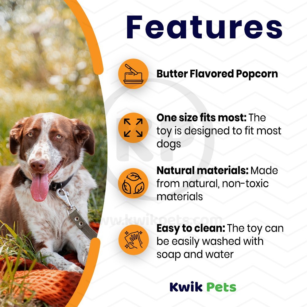 Features of BullyMake Toss n' Treat Butter Flavored Popcorn Dog Chew Toy One Size