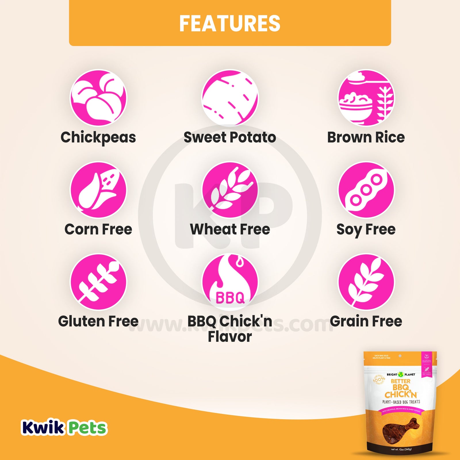 Features of Bright Planet Better BBQ Chick'n Plant-Based Dog Treats 12-oz