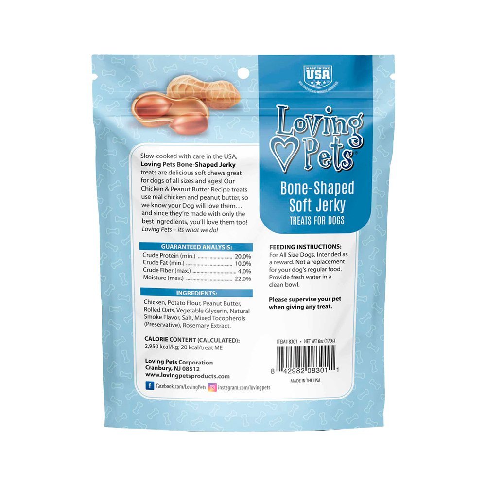 Back of Loving Pets Bone-Shaped Soft Jerky Dog Treat Chicken & Peanut Butter 6-oz