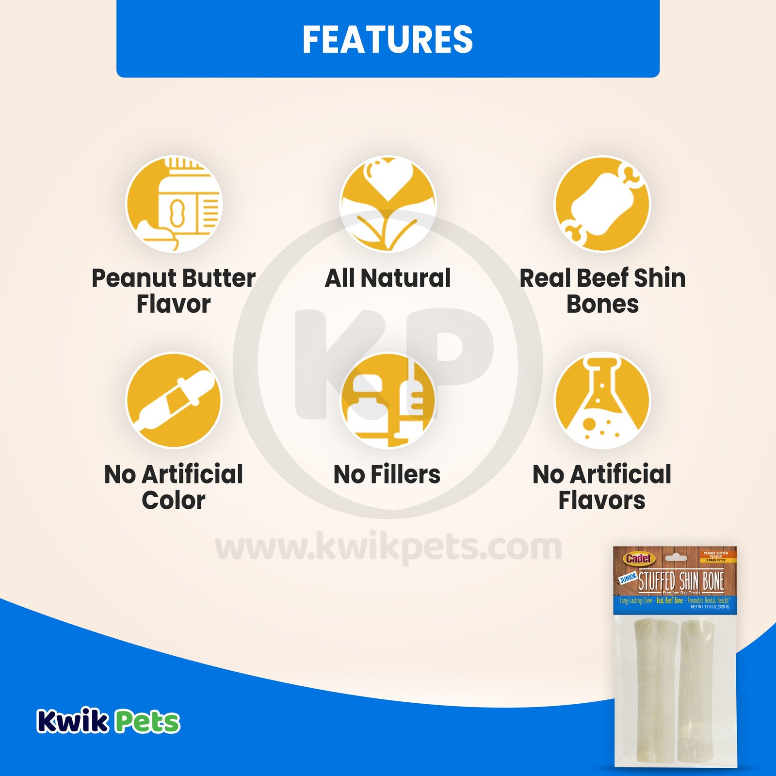 Features of Cadet Junior Stuffed Shin Bones Dog Chews Made with Peanut Butter Petite 2-ct 11.6-oz