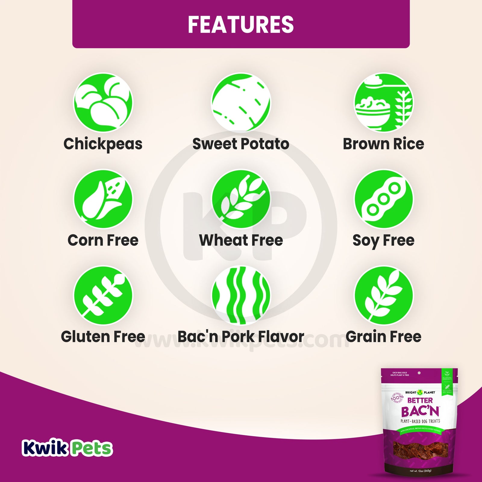 Features of Bright Planet Better Bac'n Plant-Based Dog Treats 12-oz