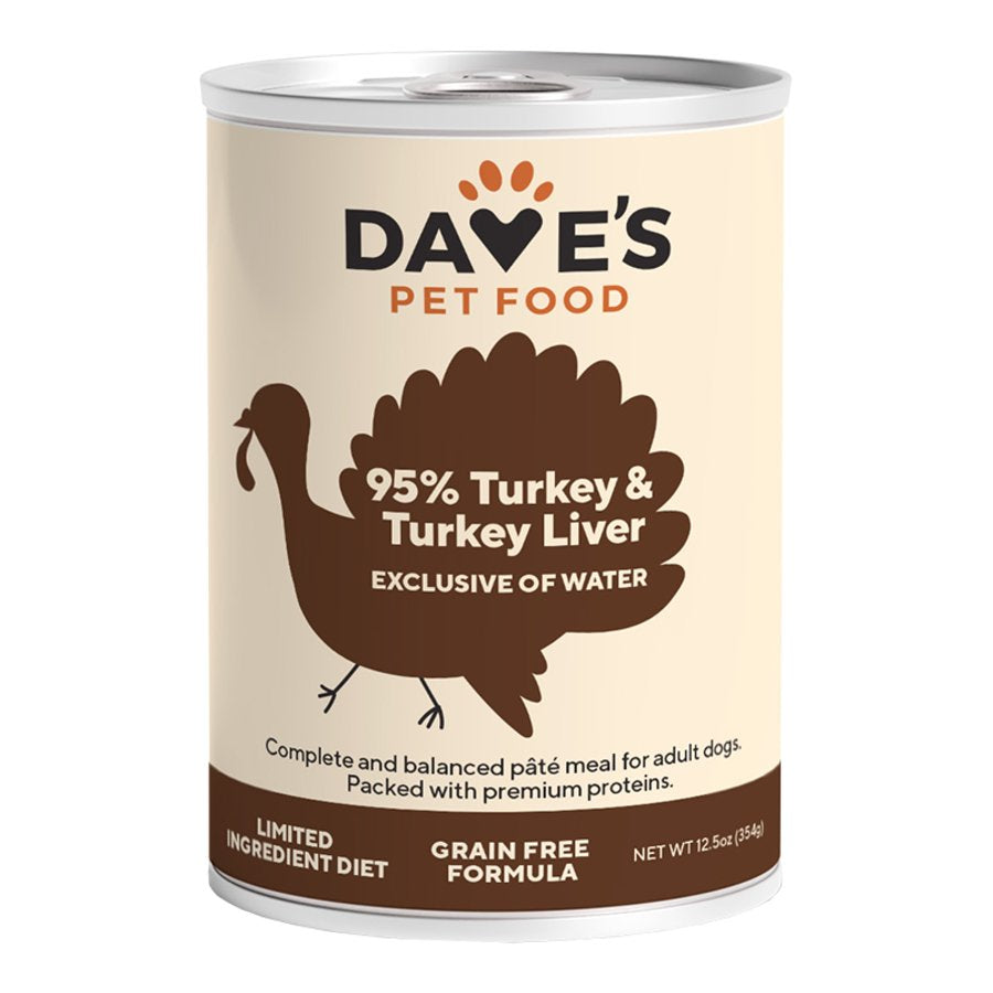Dave's Pet Food 95% Premium Turkey & Turkey Liver Pate Grain-Free Canned Wet Adult Dog Food 12.5-oz, Kwik Pets