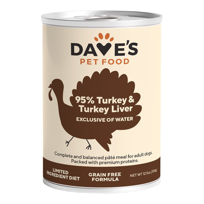 Dave's Pet Food 95% Premium Turkey & Turkey Liver Pate Grain-Free Canned Wet Adult Dog Food 12.5-oz