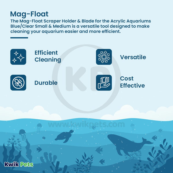 Mag-Float Scraper Holder & Blade for the Acrylic Aquariums Blue/Clear Small & Medium, Kwik Pets