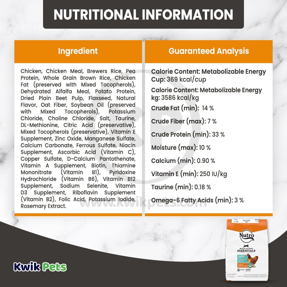 Nutritional Information of Nutro Dry Cat Food Chicken & Brown Rice, 14-lb