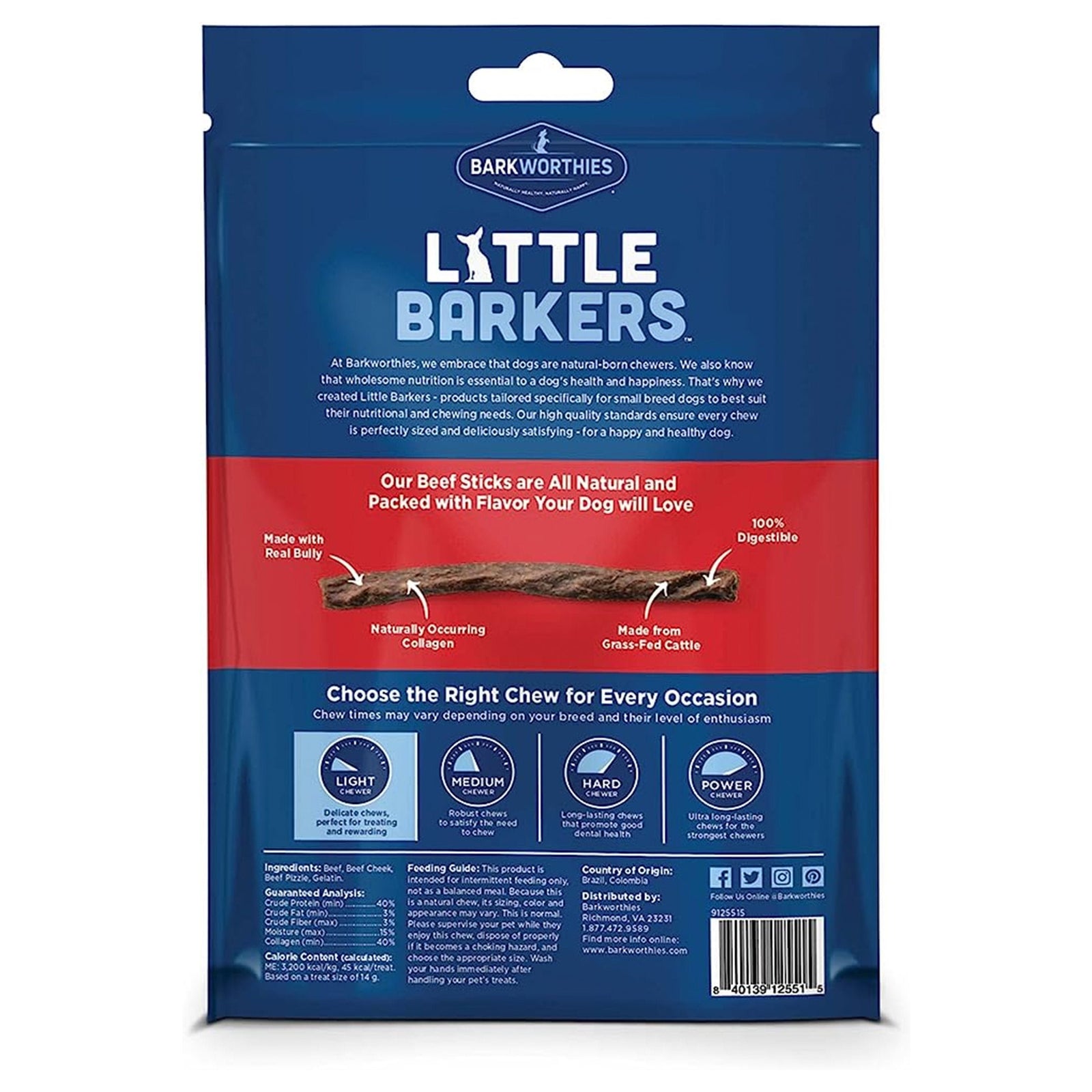 Back of Barkworthies Little Barkers Beef Sticks with Collagen Dog Chews 10 Count